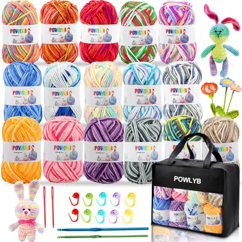 Wolle Powlyb Acrylset mit 16 Farben und 2 Häkelnadeln, 40g