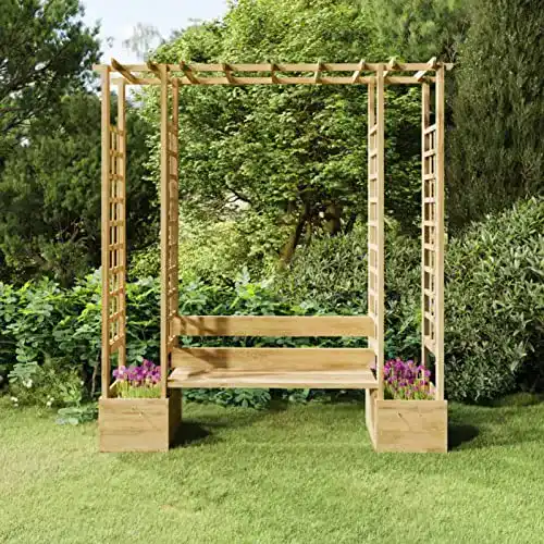 Rosenbogen aus Holz mit Bank und Rankgitter für den Garten
