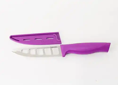 Tupperware Käsemesser in Lila mit Klingenschutz und Mini-Trichter
