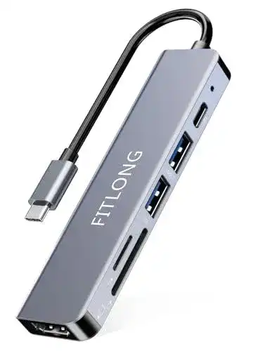 FITLONG USB C Hub 6-in-1 Adapter mit HDMI, SD/TF Kartenleser und 100W PD