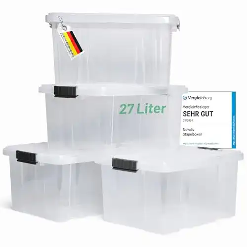 Stapelboxen Novaliv – 4 Aufbewahrungsboxen mit Deckel und 27L Volumen
