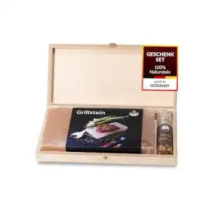 Salzstein Grillgut mit Taschenmühle und Steakgewürz in Holzbox