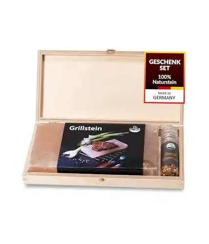 Salzstein Grillgut mit Taschenmühle und Steakgewürz in Holzbox