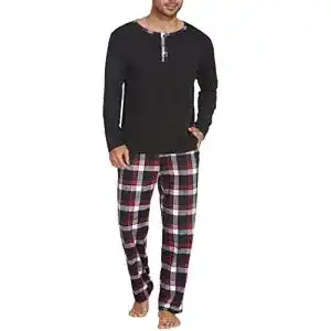 Ekouaer Herren Schlafanzug Langarm Pyjama für Männer mit Karierter Hose