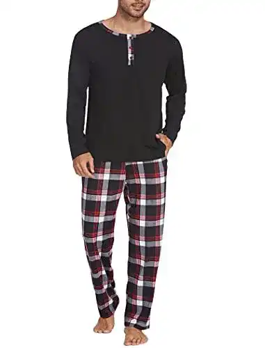 Ekouaer Herren Schlafanzug Langarm Pyjama für Männer mit Karierter Hose