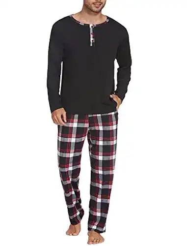 Ekouaer Herren Schlafanzug Langarm Pyjama für Männer mit Karierter Hose
