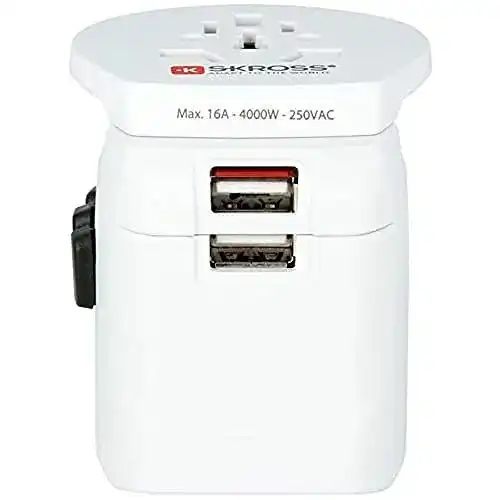Reiseadapter Skross Pro Light USB World 3 Pol für internationale Nutzung