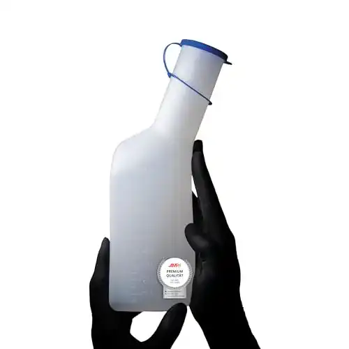 Urinflasche für Männer, 1000 ml, eckig, milchige Farbe mit blauem Verschluss