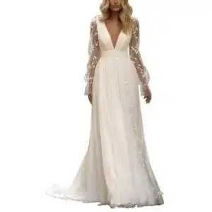 Brautkleid Beyonddress Frauen Boho Spitze Langarm V-Ausschnitt A-Linie