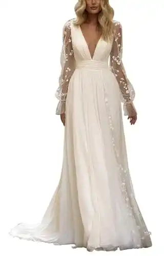 Brautkleid Beyonddress Frauen Boho Spitze Langarm V-Ausschnitt A-Linie