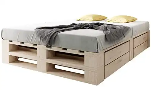 Palettenbett Sunnypillow M2 aus Holz 140 x 200 cm mit Lattenrost und Bettkästen