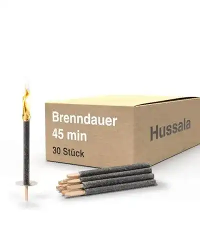 Wachsfackel Hussala Diamond, 30 Stück, 45 Minuten Brenndauer mit Holzstab