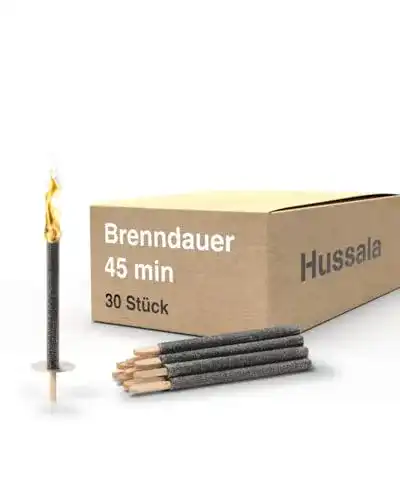 Wachsfackel Hussala Diamond, 30 Stück, 45 Minuten Brenndauer mit Holzstab