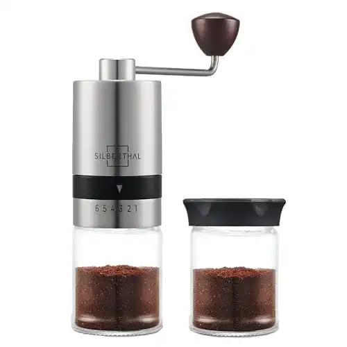 Espressomühle Silberthal manuelle Kaffeemühle aus Edelstahl und Glas