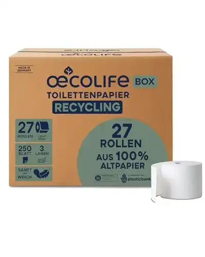 Recycling Toilettenpapier von Œcolife – 27 Rollen, 3-lagig, umweltfreundlich