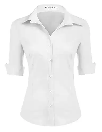 Hotouch Damen Bluse Weiß Kurzarm V-Ausschnitt Business Hemdbluse