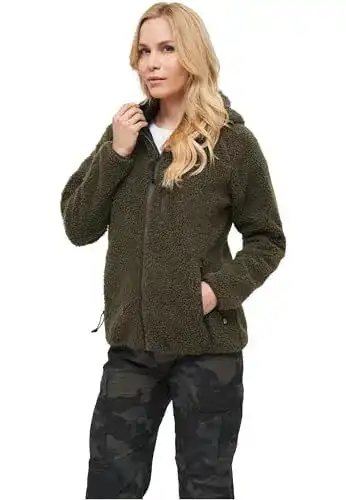 Jagdjacke für Damen von Brandit in Teddyfleece mit Kapuze, Farbe: olive