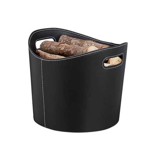 Holzkorb Relaxdays aus Kunstleder, schwarz, für Kaminholz und Zeitungen