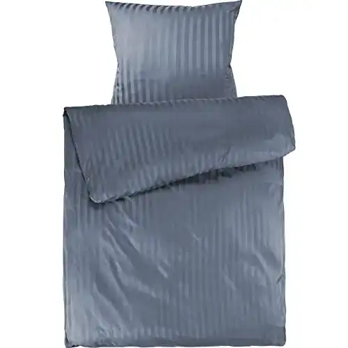 Mako-Satin Bettwäsche Set in Dunkelblau mit Streifenmuster