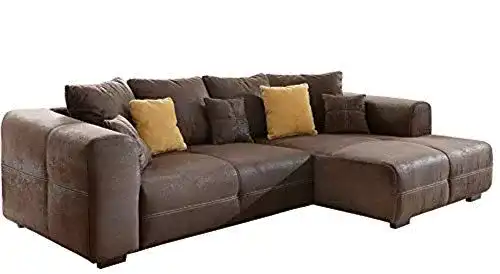 Ecksofa Cavadore Mavericco in Braun mit Kissen und Mikrofaserbezug