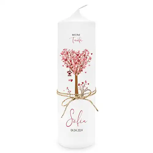 Taufkerze Liluna für Mädchen mit Lebensbaum Motiv in Rosa