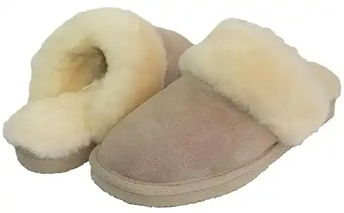 Lammfell-Hausschuhe Slipper für Damen mit fester Sohle in Sand Beige