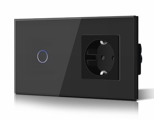 Bseed Touch Lichtschalter mit Steckdose aus Glas, Modern Unterputz, Schwarz