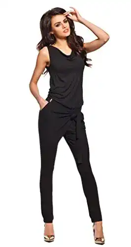 Damen Jumpsuit Lemoniade ärmellos in Schwarz mit Wasserfall-Kragen