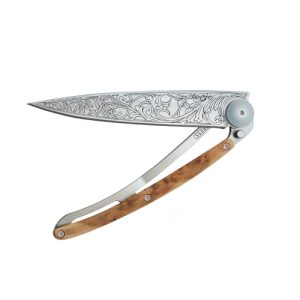 Deejo Klappmesser mit Gürtelclip und Wacholderholzgriff
