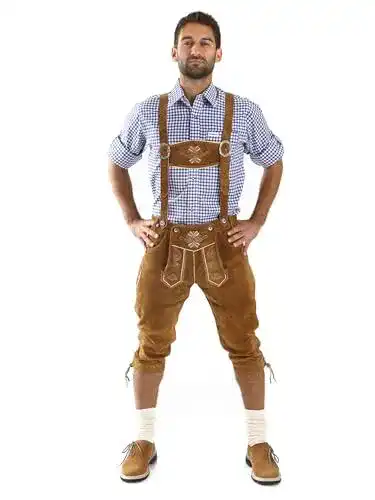 Lederhose Almbock Herren braun mit Hosenträgern und Messertasche
