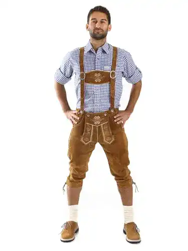 Lederhose Almbock Herren braun mit Hosenträgern und Messertasche