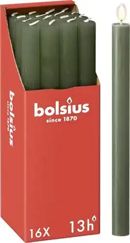 Bolsius Stabkerzen Rustik in Olivgrün – 16 Stück, 27 x 2,3 cm