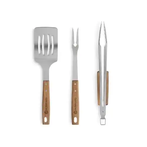 Grillbesteck Set von BURNHARD, 3-teilig, 45 cm, aus Akazienholz und Edelstahl