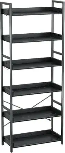 Holzregal Rolanstar mit 6 Ebenen und 4 Haken, Standregal im Industriestil
