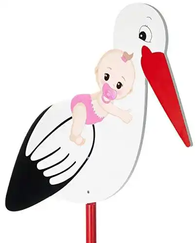 Holzstorch Brubaker mit Baby Rosa – Dekoration zur Geburt