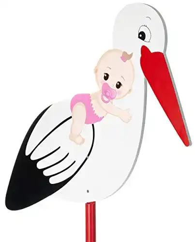 Holzstorch Brubaker mit Baby Rosa – Dekoration zur Geburt