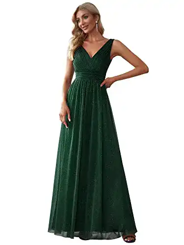 Abendkleid Ever-Pretty Damen V-Ausschnitt Ärmellos Hohe Taille Dunkelgrün