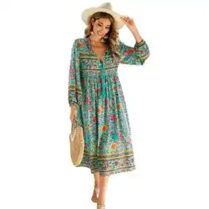 Boho-Kleid R.vivimos Damen Casual mit Bohemien Druck und Krawatte