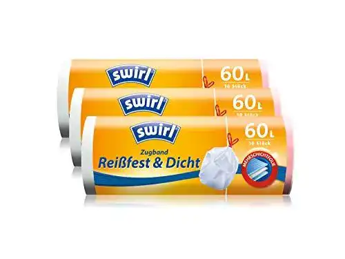 Müllbeutel Swirl mit Zugband, 60 Liter, 3 Rollen à 10 Beutel, Weiß