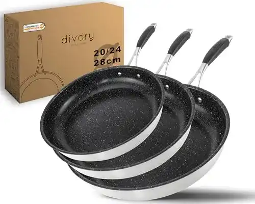 Pfannenset Divory Edelstahl Pfannen 20, 24, 28 cm für alle Herdarten