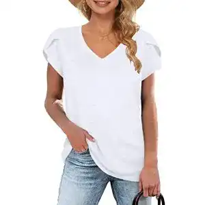 Weißes Damen T-Shirt mit V-Ausschnitt und kurzen Ärmeln von Wneedu