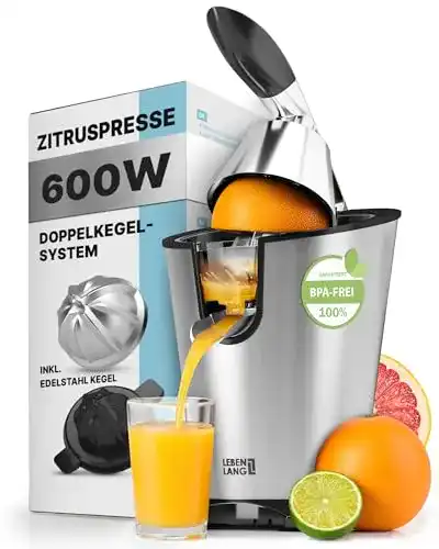 Elektrische Orangenpresse LEBENLANG mit 600 Watt und Edelstahlkegel