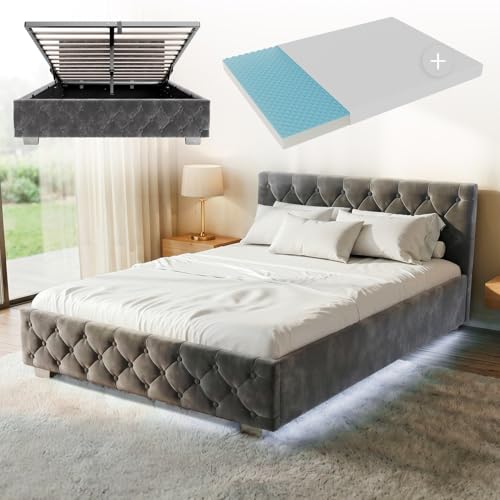 Stauraumbett 140×200 cm Juskys Polsterbett Nizza mit Matratze und Lattenrost