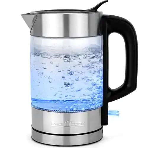 Profi Cook Wasserkocher 1 Liter Edelstahl mit blau beleuchtetem Wassertank