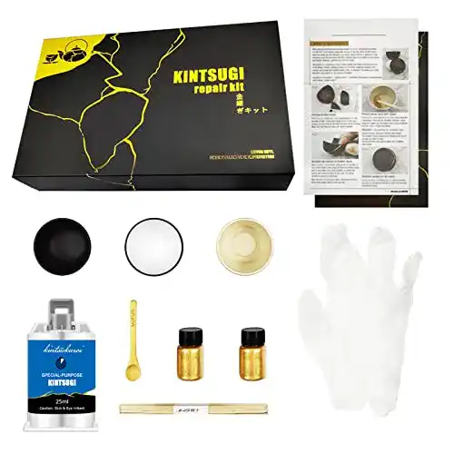 Kintsugi Reparaturset für Keramik mit goldenen Kleber und Zubehör