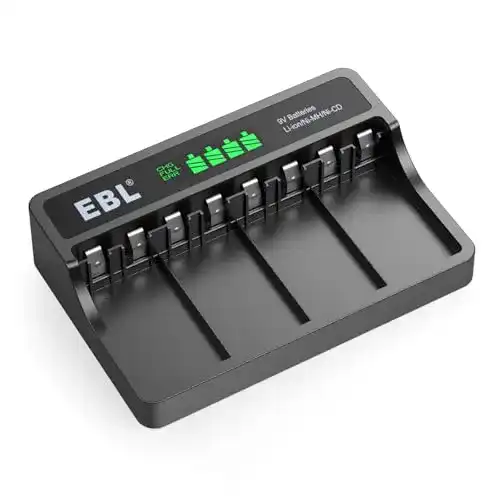 EBL Ladegerät für 9V Akkus – Li-Ion, Ni-MH, Ni-Cd – 4-fach mit LCD