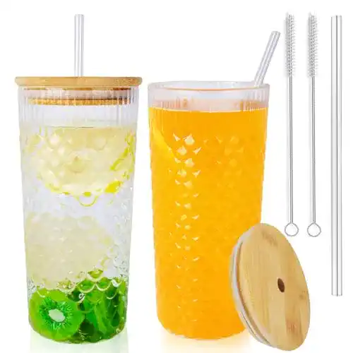 Bubble Tea Becher Set aus Glas, 2 Stück, 650ml mit Deckel und Strohhalm