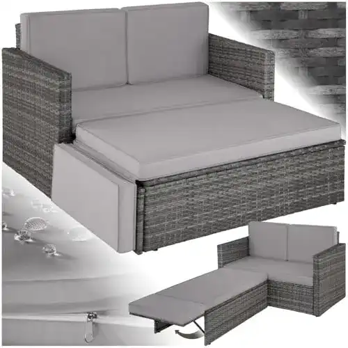 Rattansofa Set Tectake – 2-Sitzer mit Hocker und Schlaffunktion