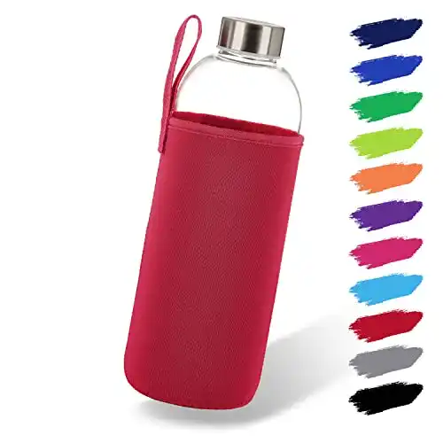 Glasflasche 1 Liter mit Neoprenhülle und Edelstahldeckel für Alltag und Sport