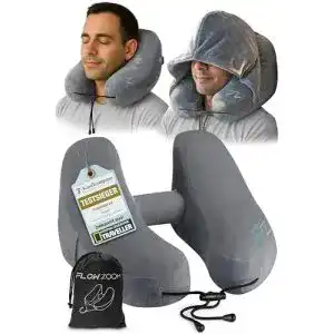 Nackenkissen Flowzoom Air aufblasbar mit Kapuze für Flugreisen